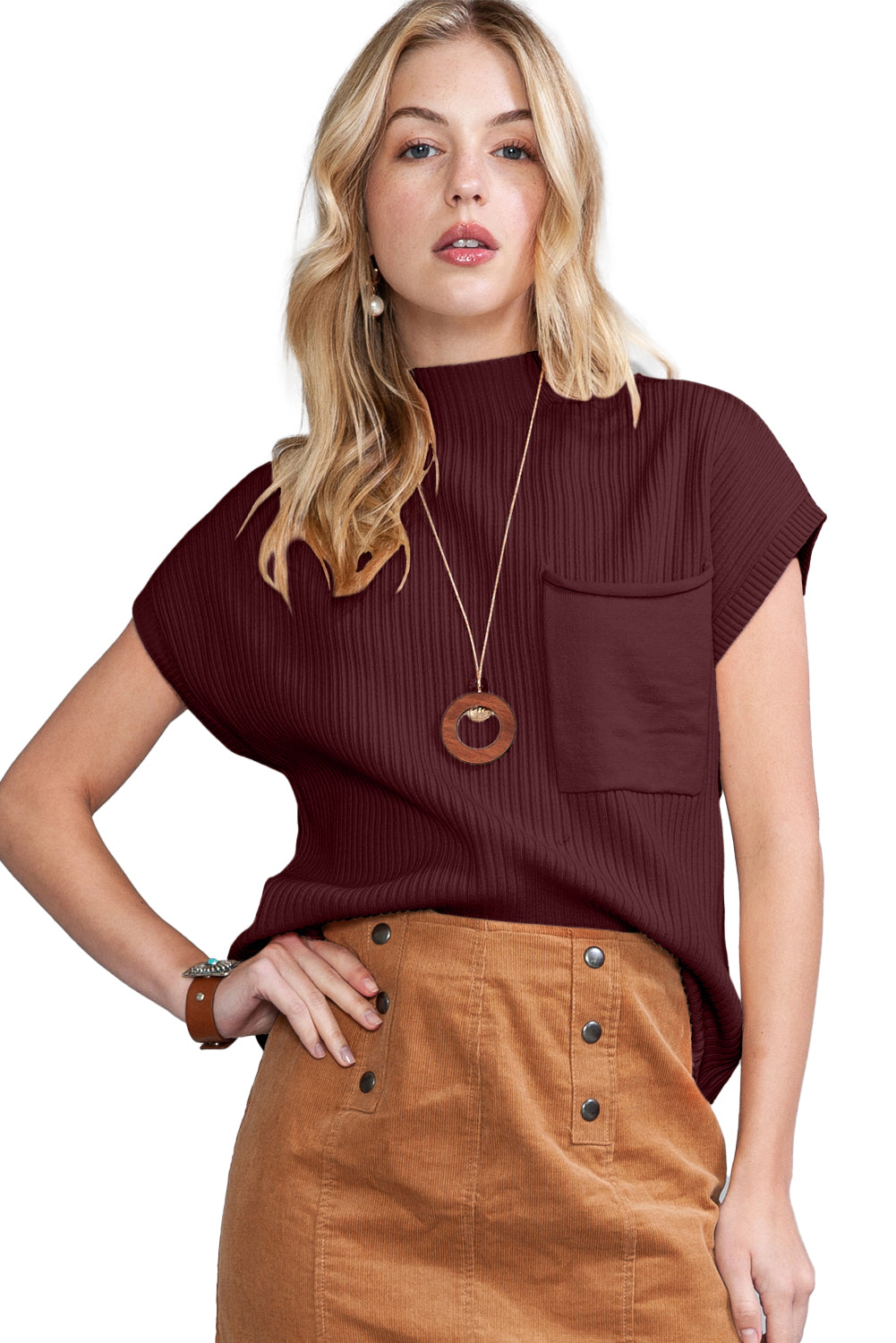 Patch Pocket Ribbed Short Sleeve Sweater