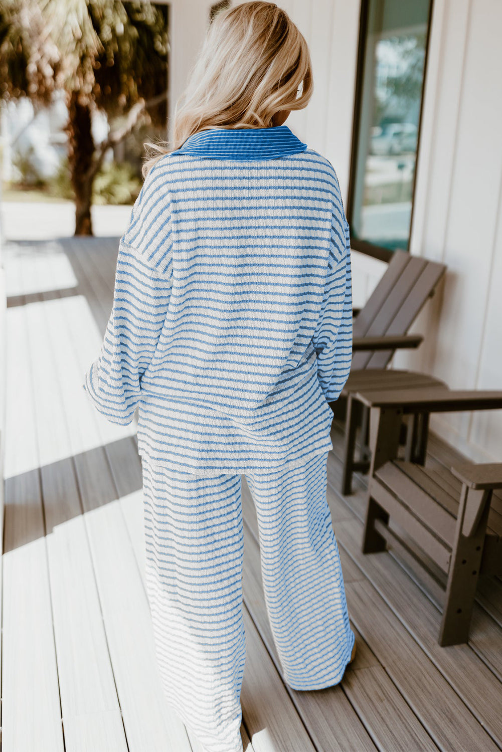 White Stripe Textured Collared Pullover Top and Drawstring Pants Set