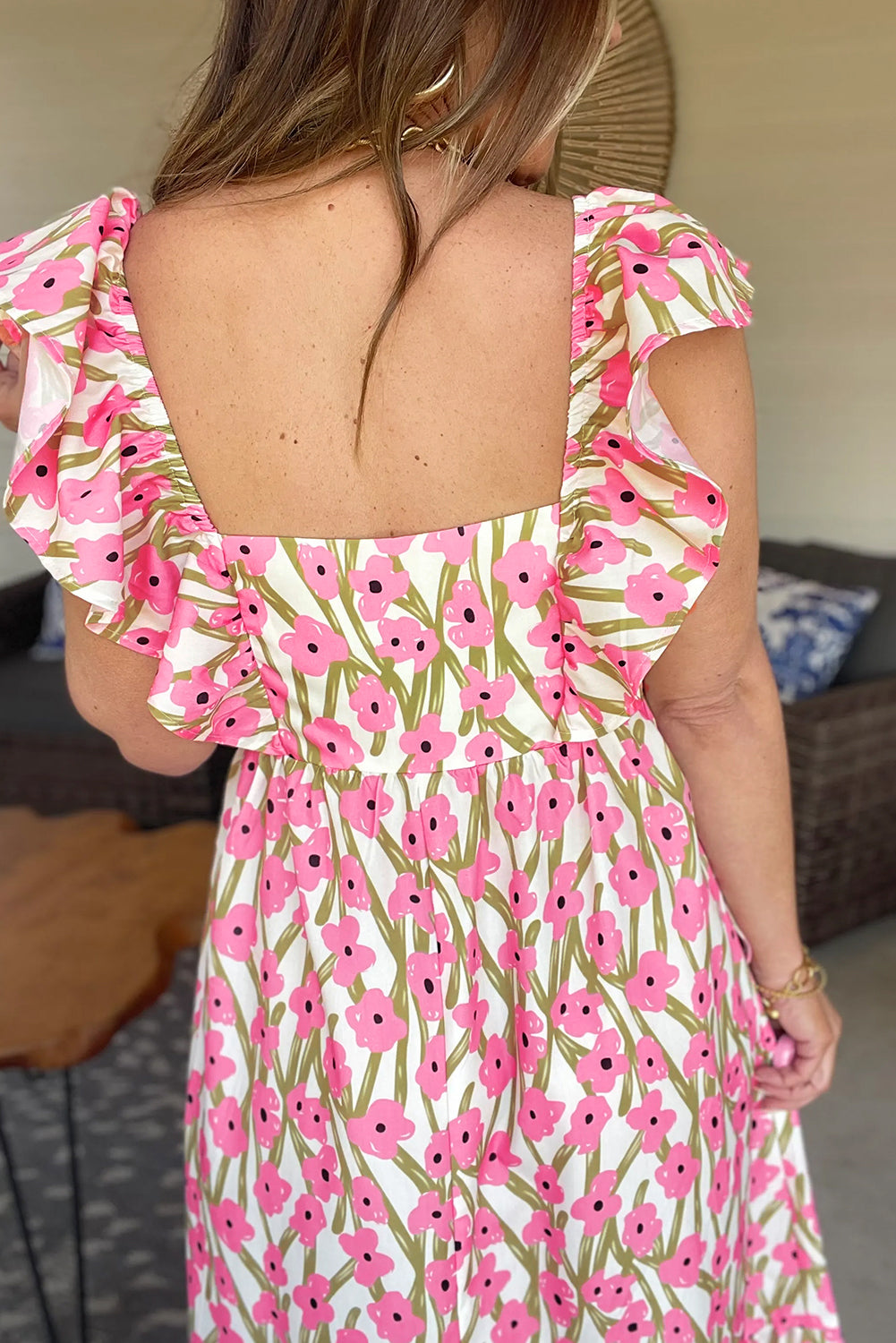 Pink Plus Size Ruffle Trim High Waist Floral Maxi Dress