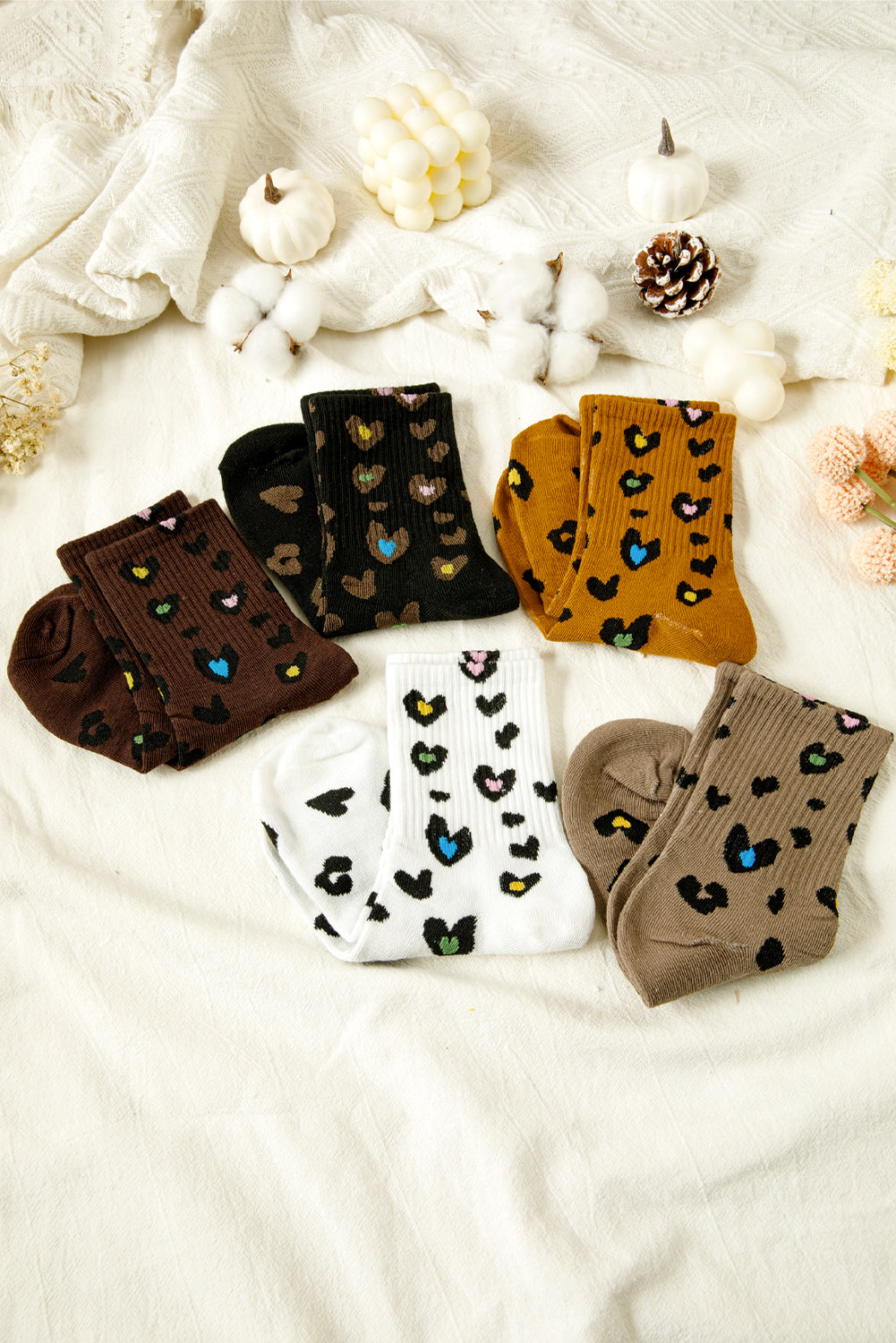 Bristol Black 5 Pairs Ribbed Trim Heart Leopard Print Socks