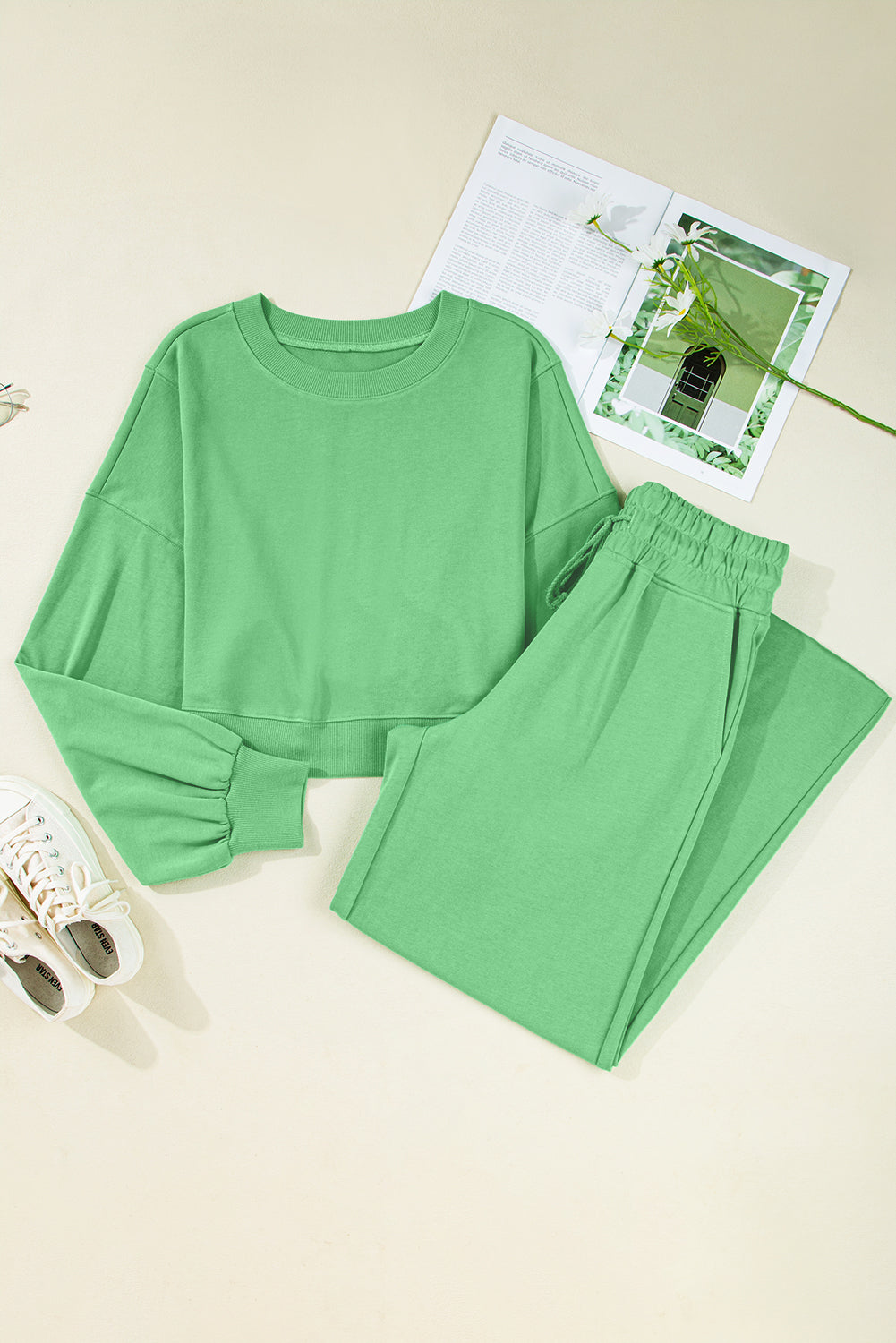 Drop Shoulder Crop Pullover and Drawstring Wide Leg Pants Set
