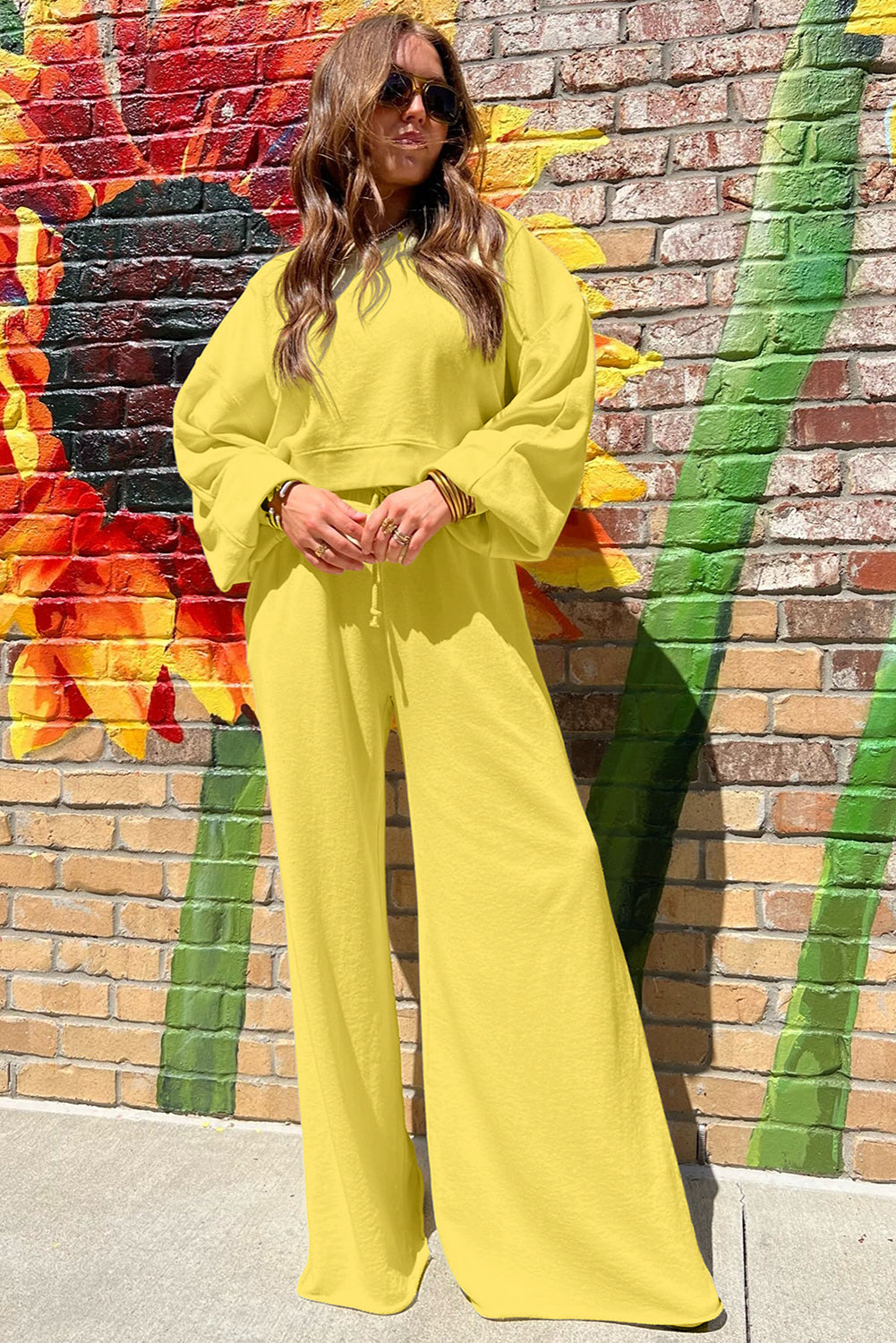Drop Shoulder Crop Pullover and Drawstring Wide Leg Pants Set