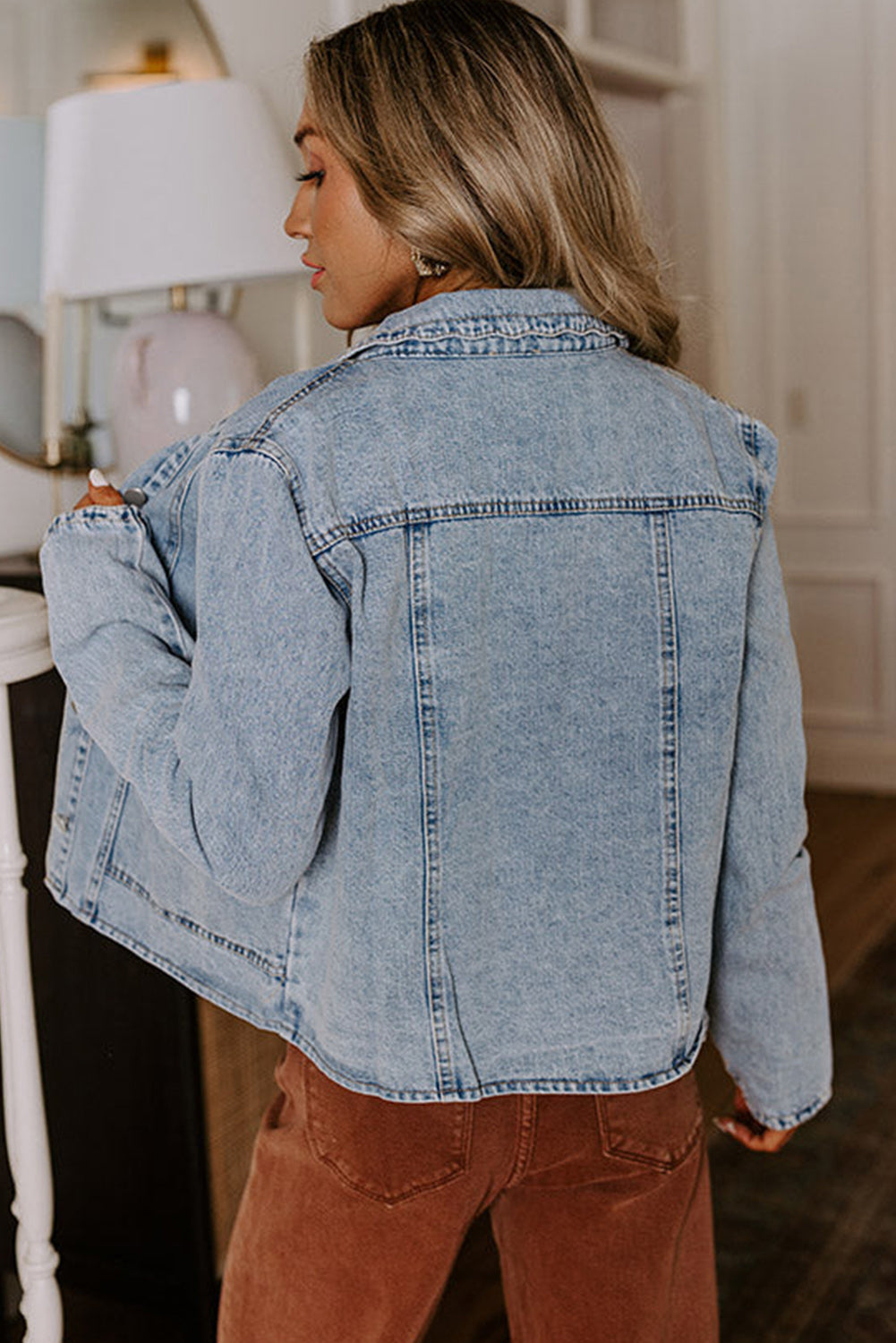 Scallop Trim Collar Pocket Button Up Denim Jacket