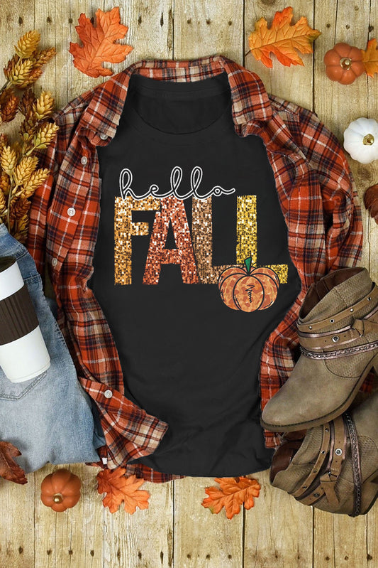 Hello Fall Letter Pumpkin Printed T Shirt