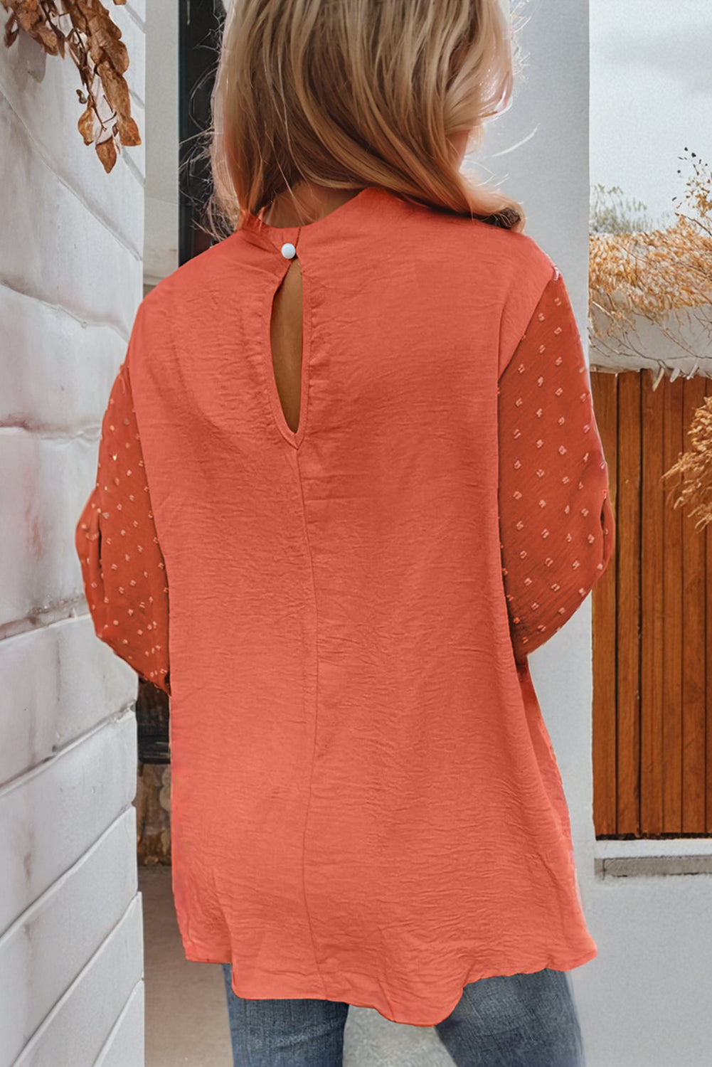 Swiss Dot Balloon Sleeve Patchwork Crinkle Blouse