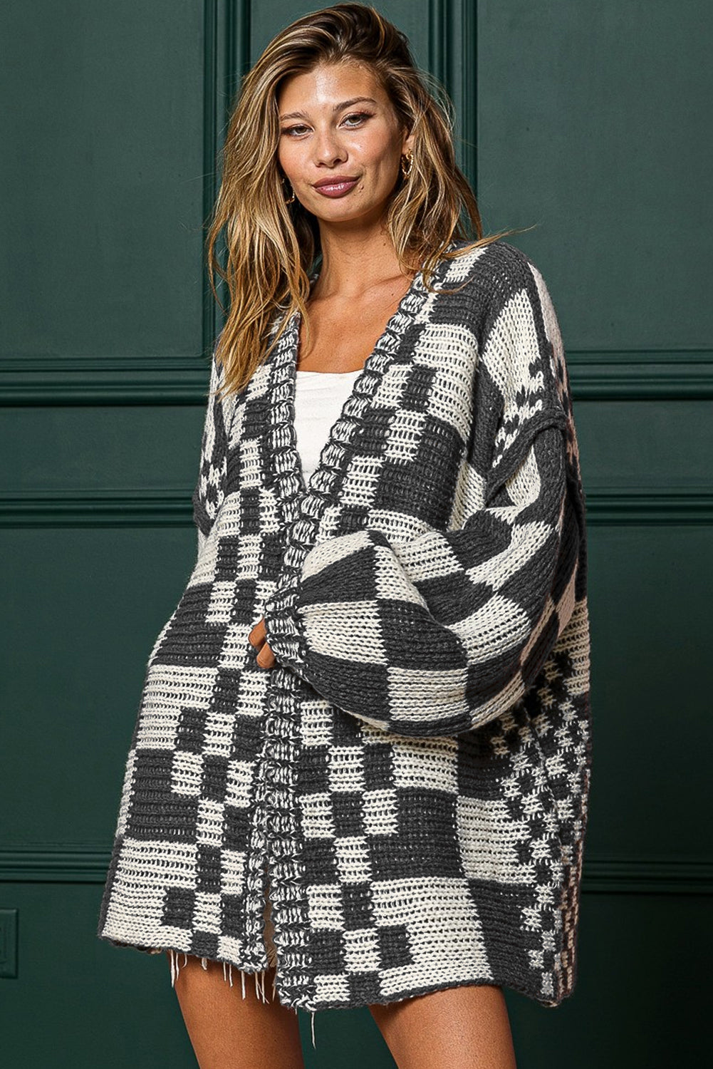 Colorblock Checked Loose Fit Open Front Knitted Cardigan