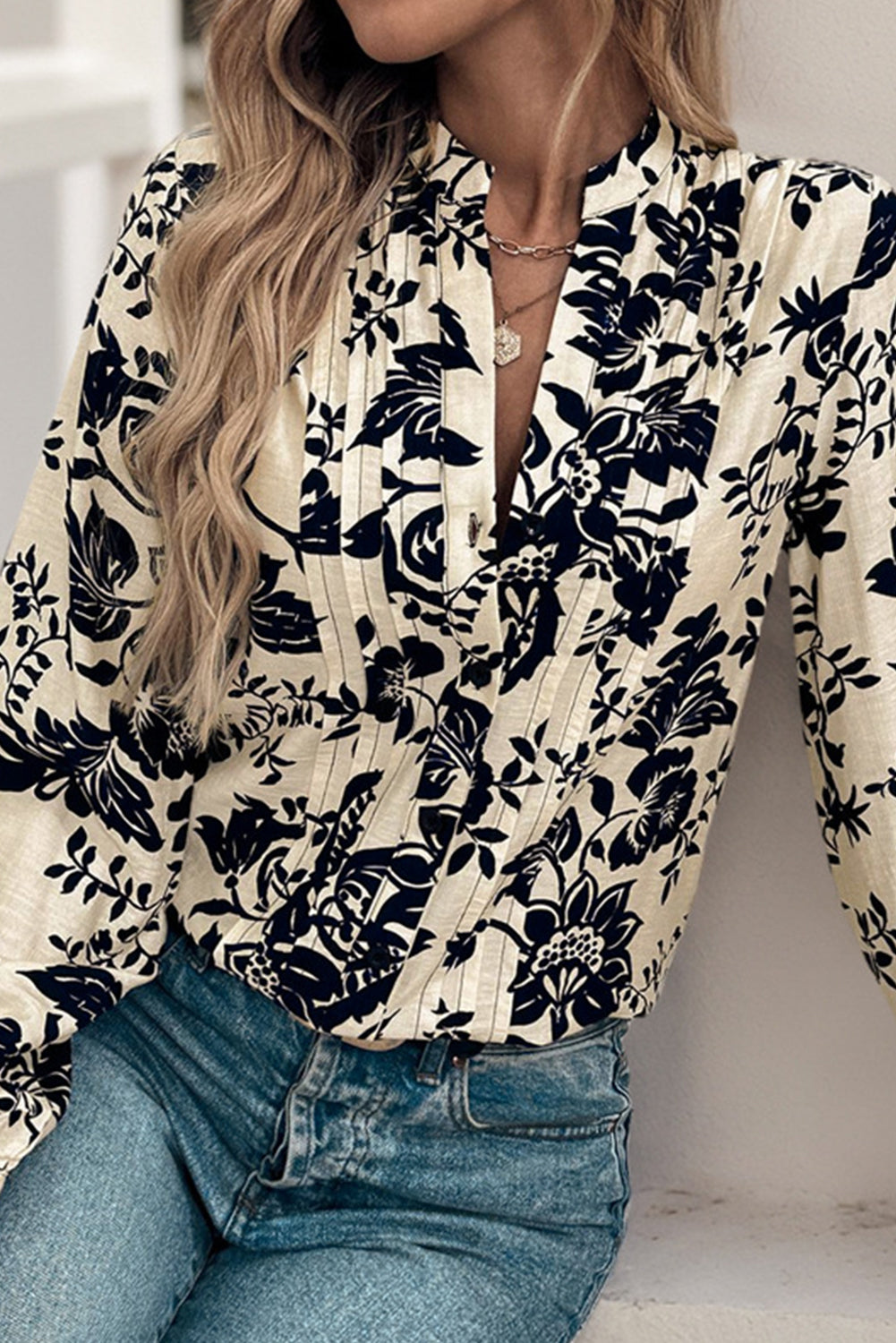 Cream Botanical Print Pleated Button-up Shirt