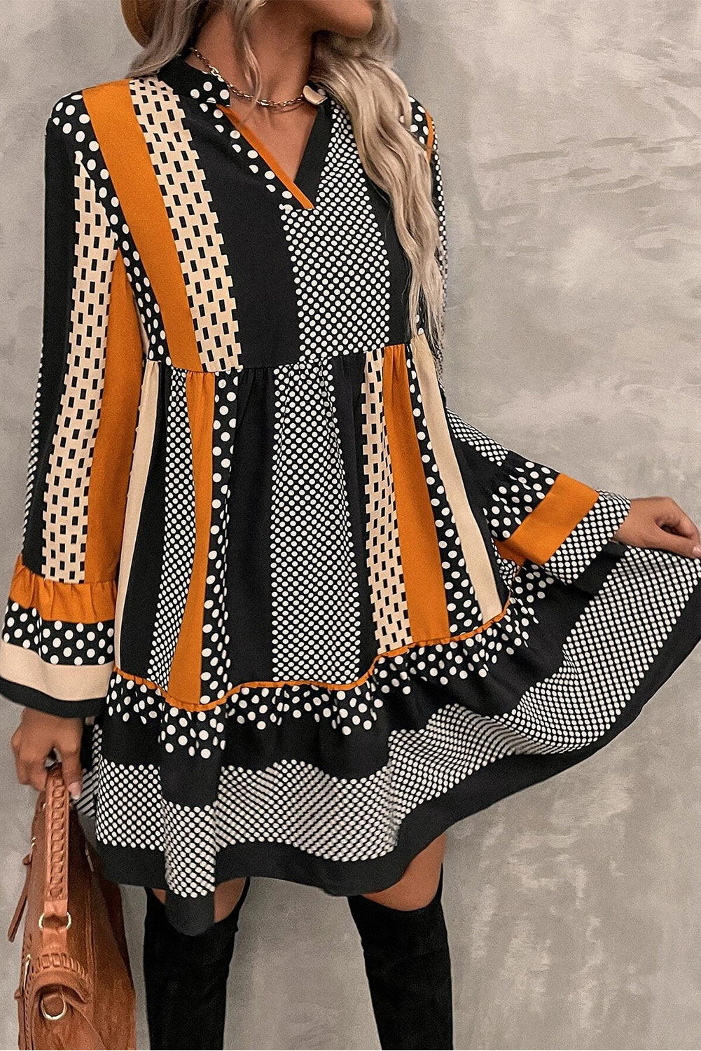 Striped Polka Dot Ruffle Hem Mini Dress