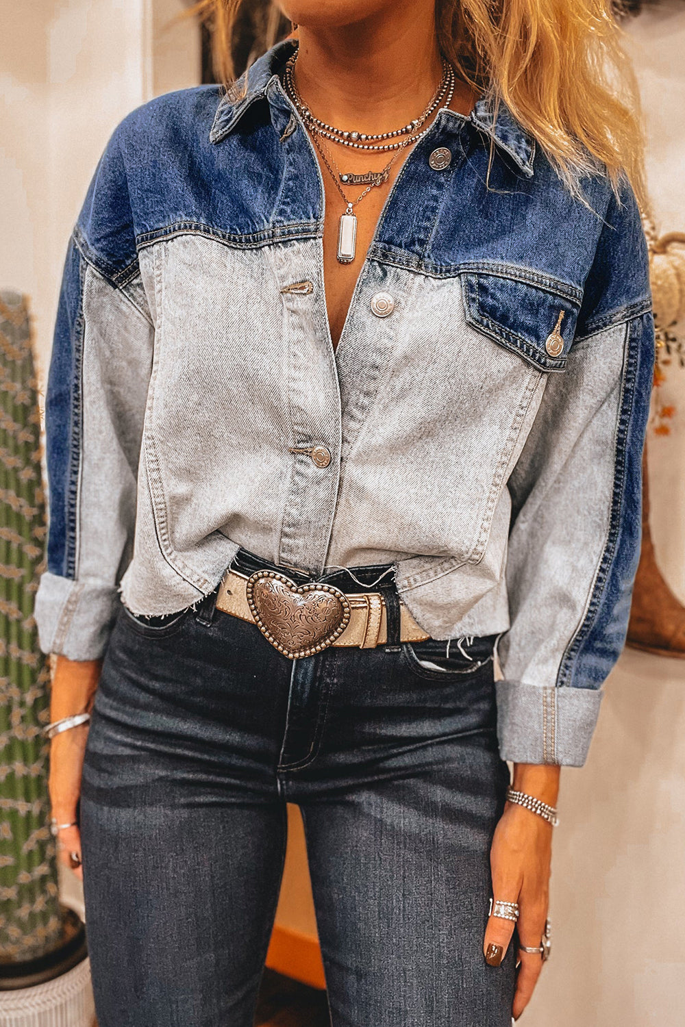 Dusk Blue Patchwork Distress Denim Jacket
