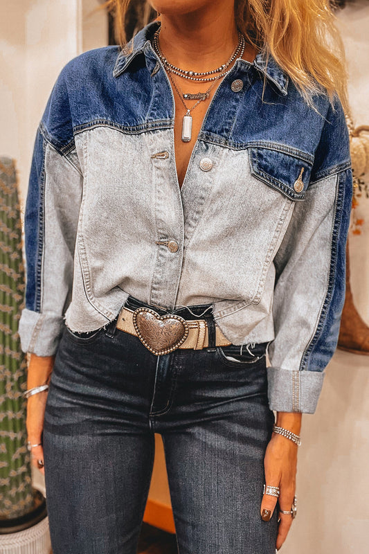 Dusk Blue Patchwork Distress Denim Jacket