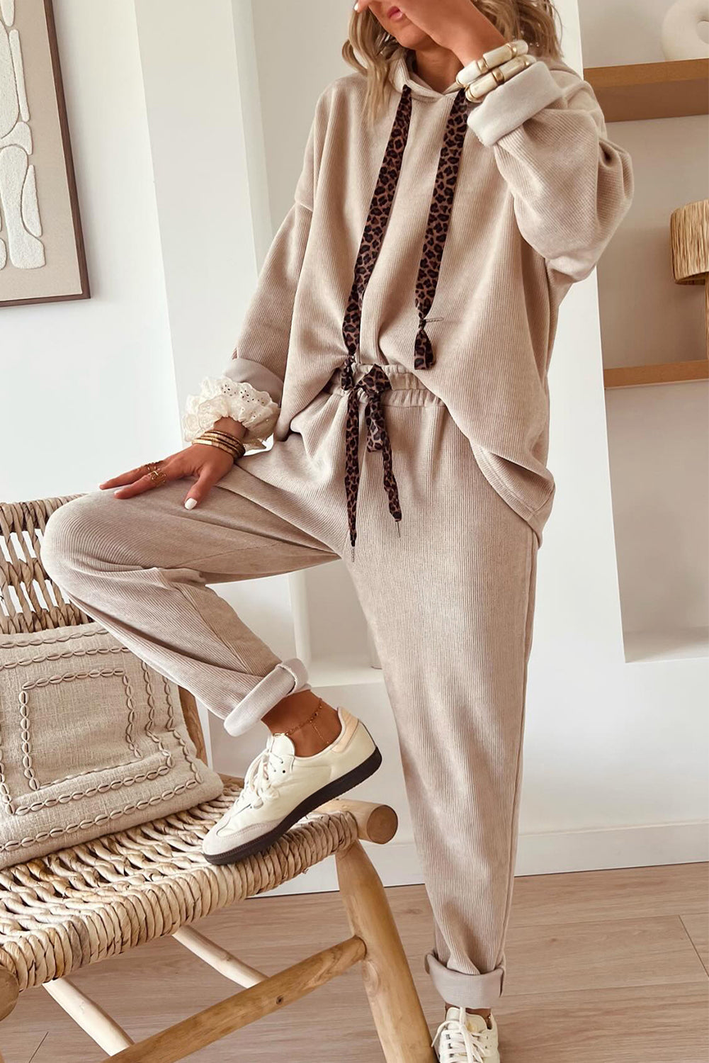 Parchment Drawstring Pullover Hoodie and High Waist Pants Corduroy Suit