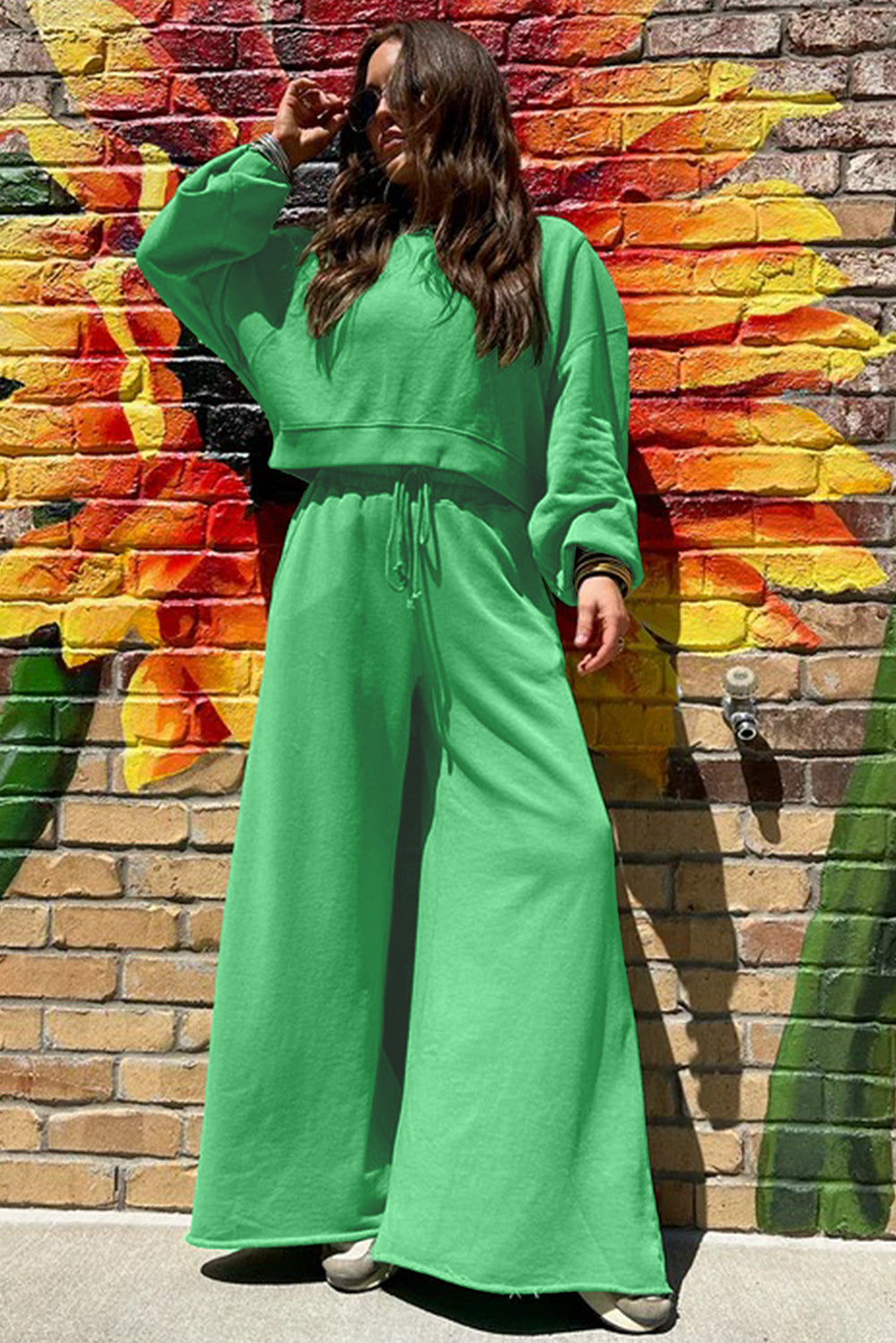 Drop Shoulder Crop Pullover and Drawstring Wide Leg Pants Set