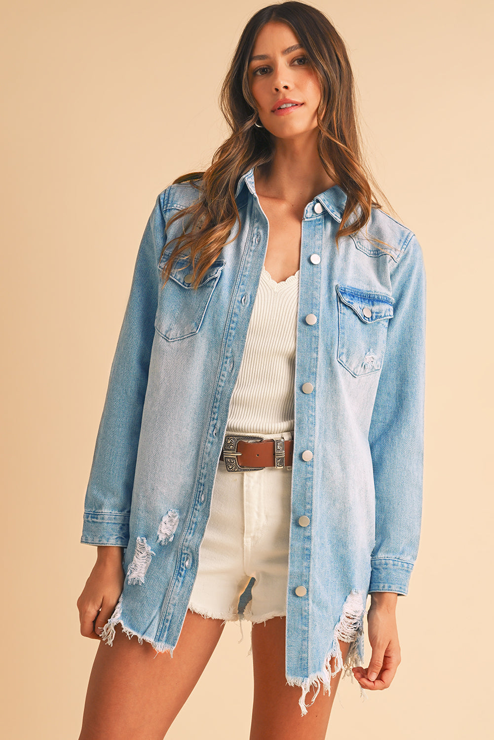 Light Wash Distressed Long Denim Jacket