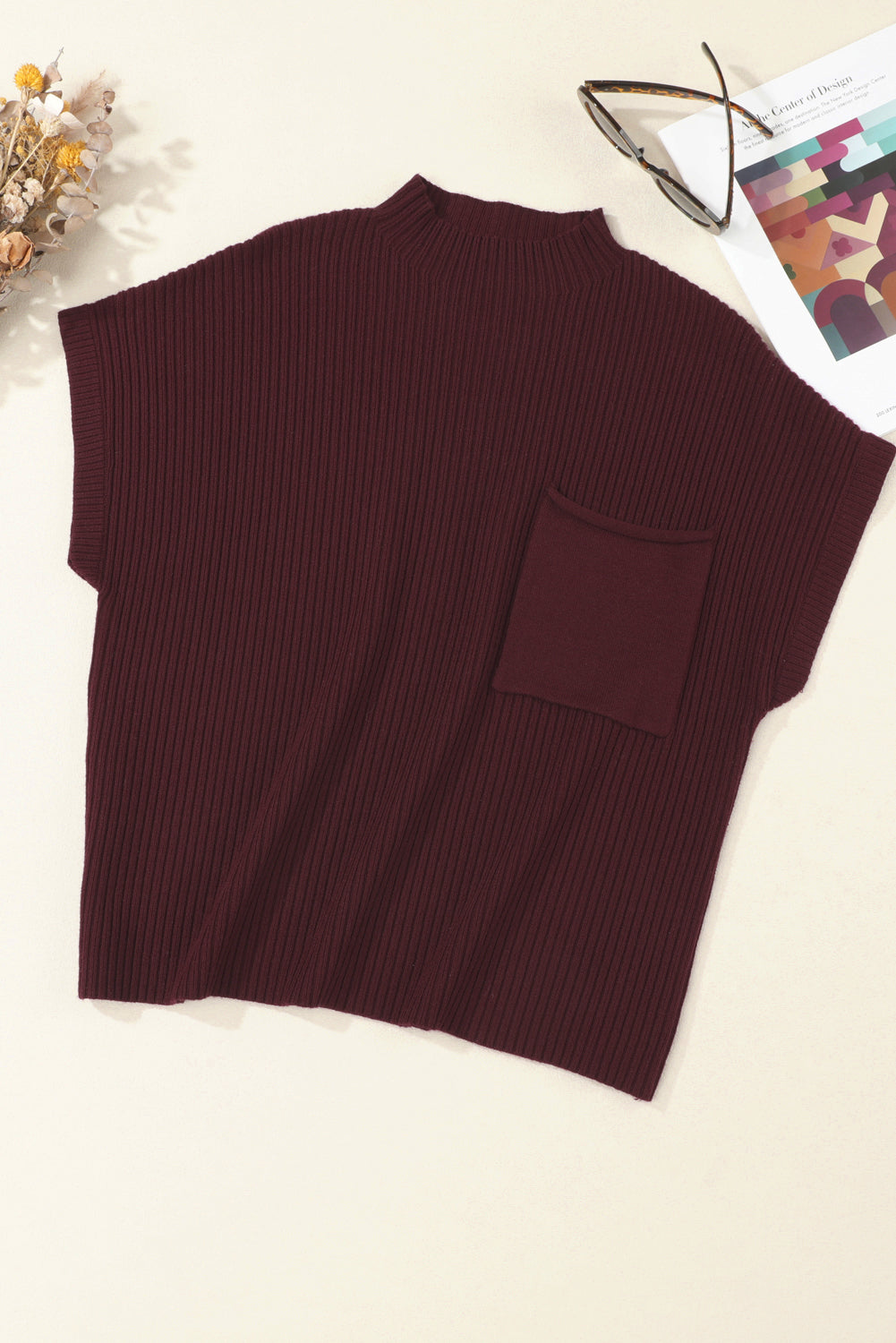 Patch Pocket Ribbed Short Sleeve Sweater