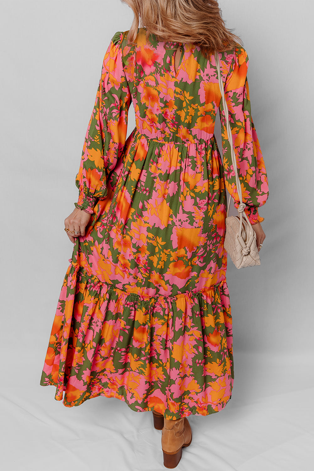 Orange Floral Puff Sleeve Smocked Bodice Tiered Dress