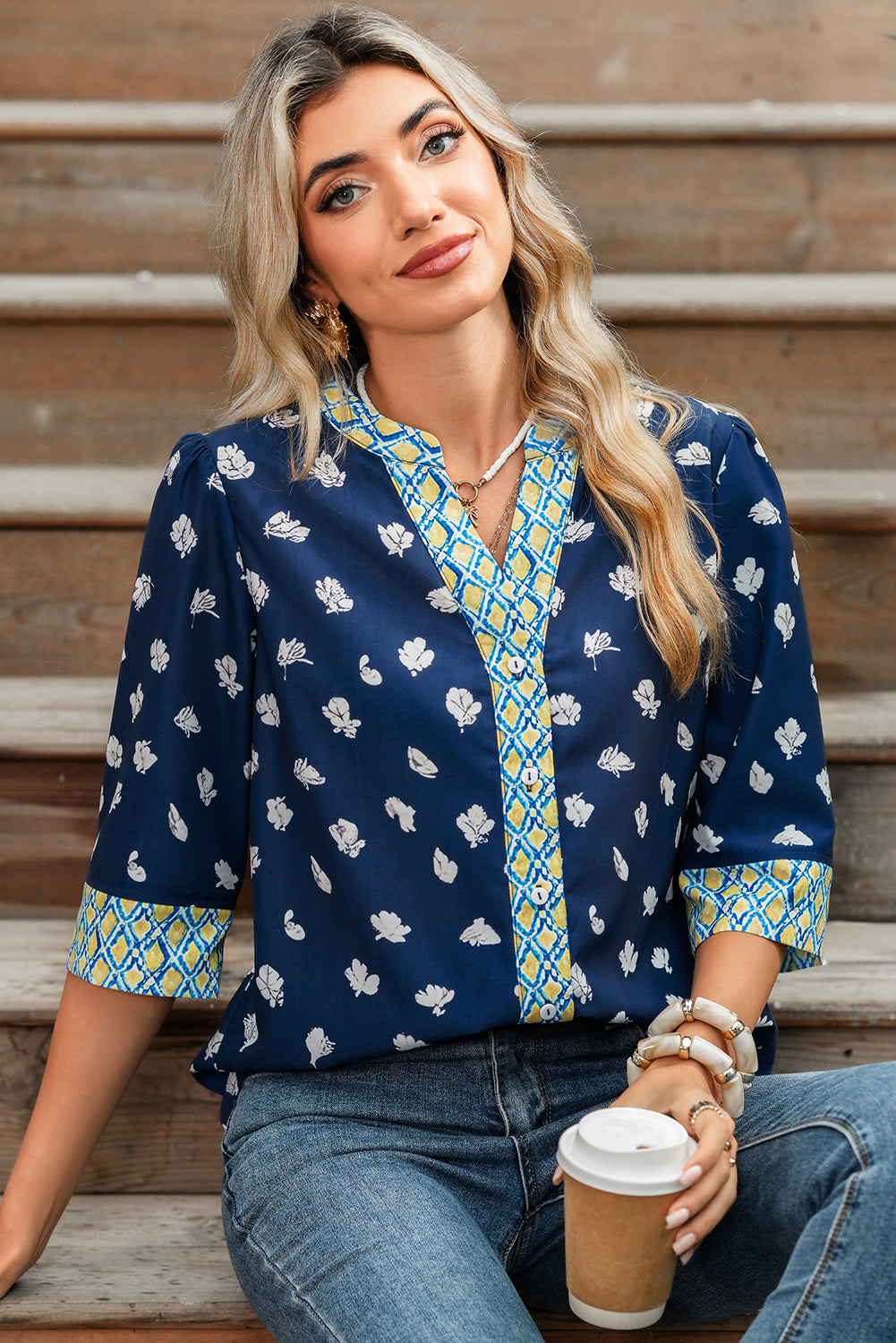 Floral Print Pop of Color V Neck Patchwork Blouse