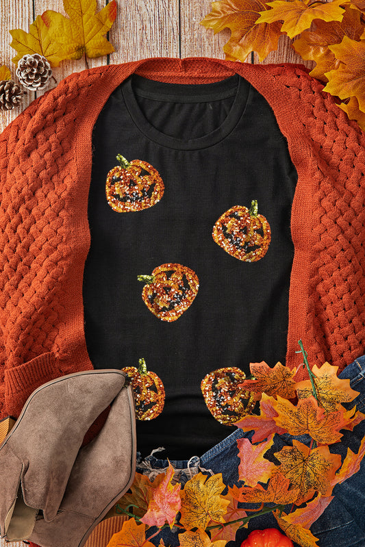 Black Halloween Sequin Pumpkin Face Graphic Tee