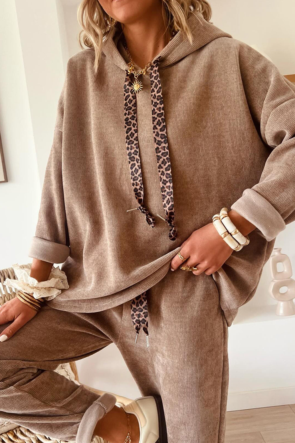 Parchment Drawstring Pullover Hoodie and High Waist Pants Corduroy Suit