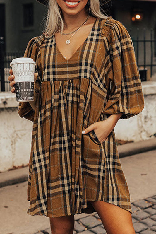 Brown Plaid Empire Waist Babydoll Dress