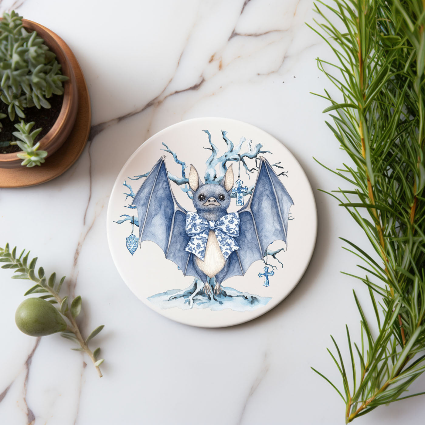 Chinoiserie Blue & White Halloween Coasters Set