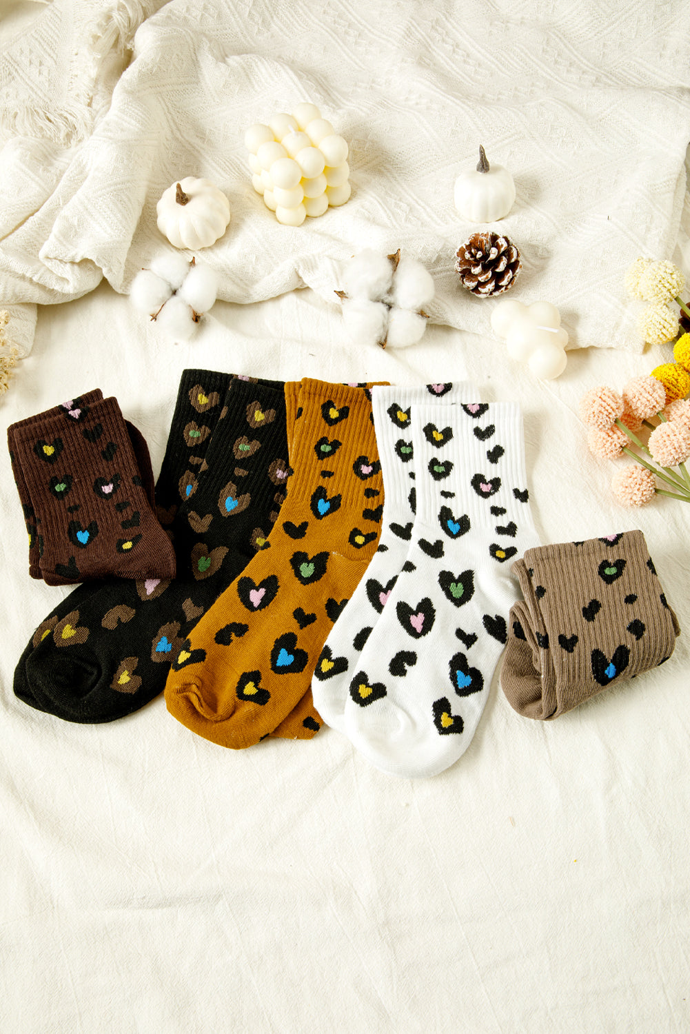 Bristol Black 5 Pairs Ribbed Trim Heart Leopard Print Socks