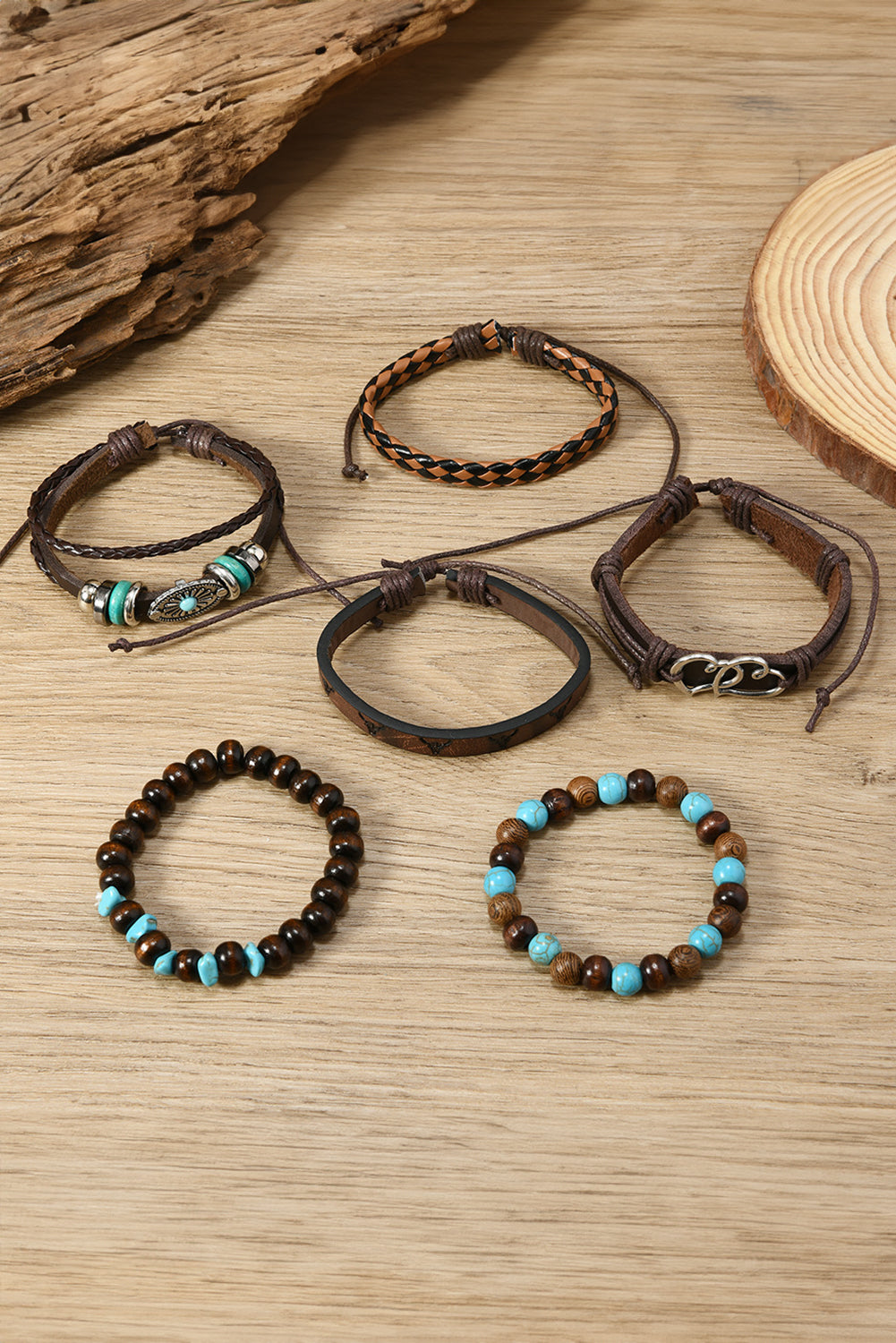 Cinnamon 6pcs Vintage Turquoise PU Faux Leather Bracelet Set