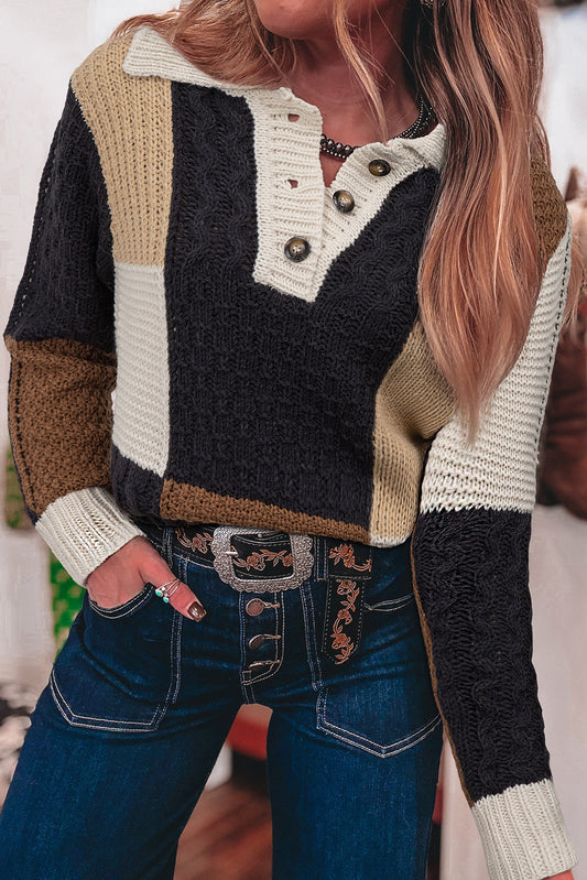 Colorblock Cable Knit Collared Sweater
