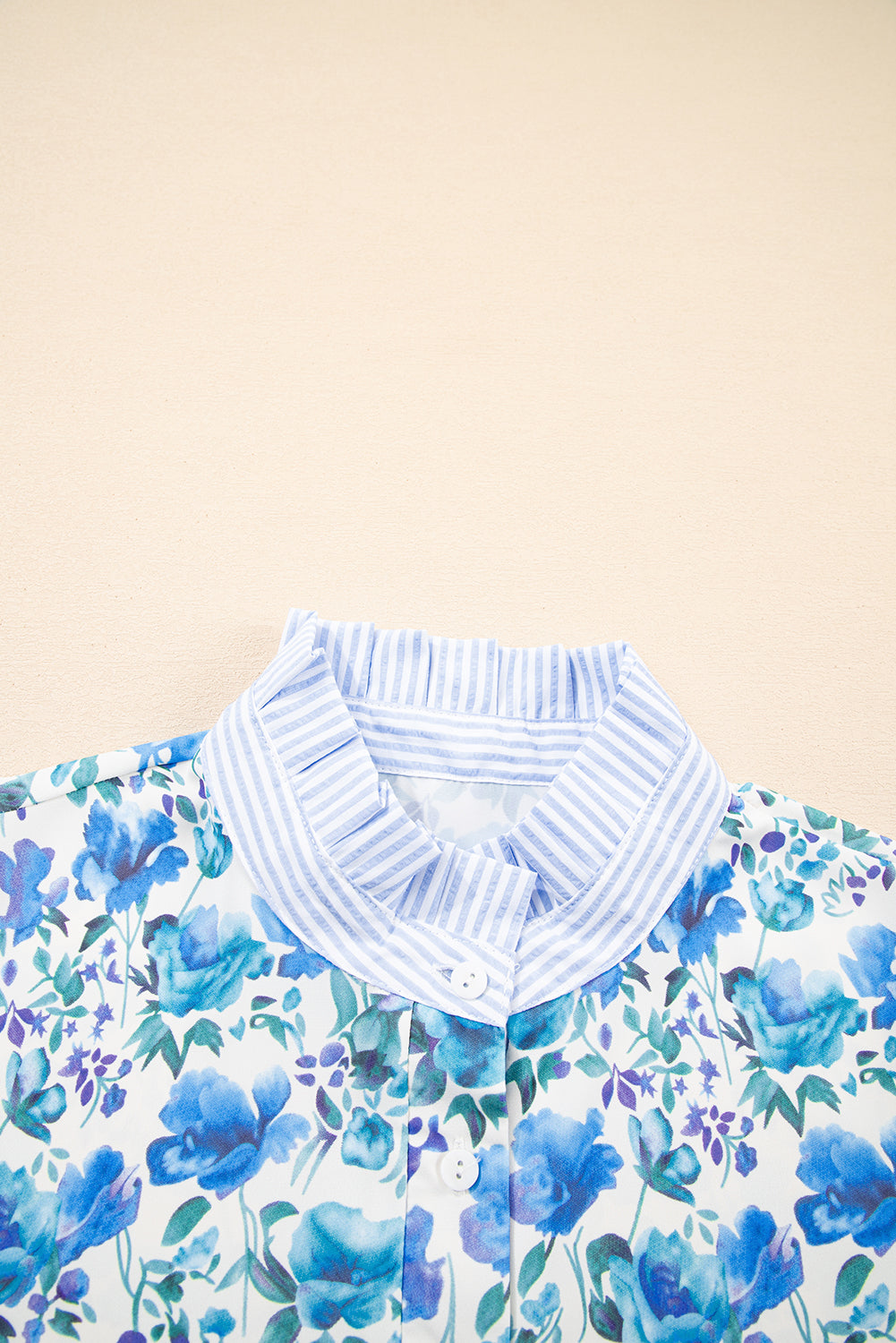 Sky Blue Floral Print Striped Patchwork Collared Blouse