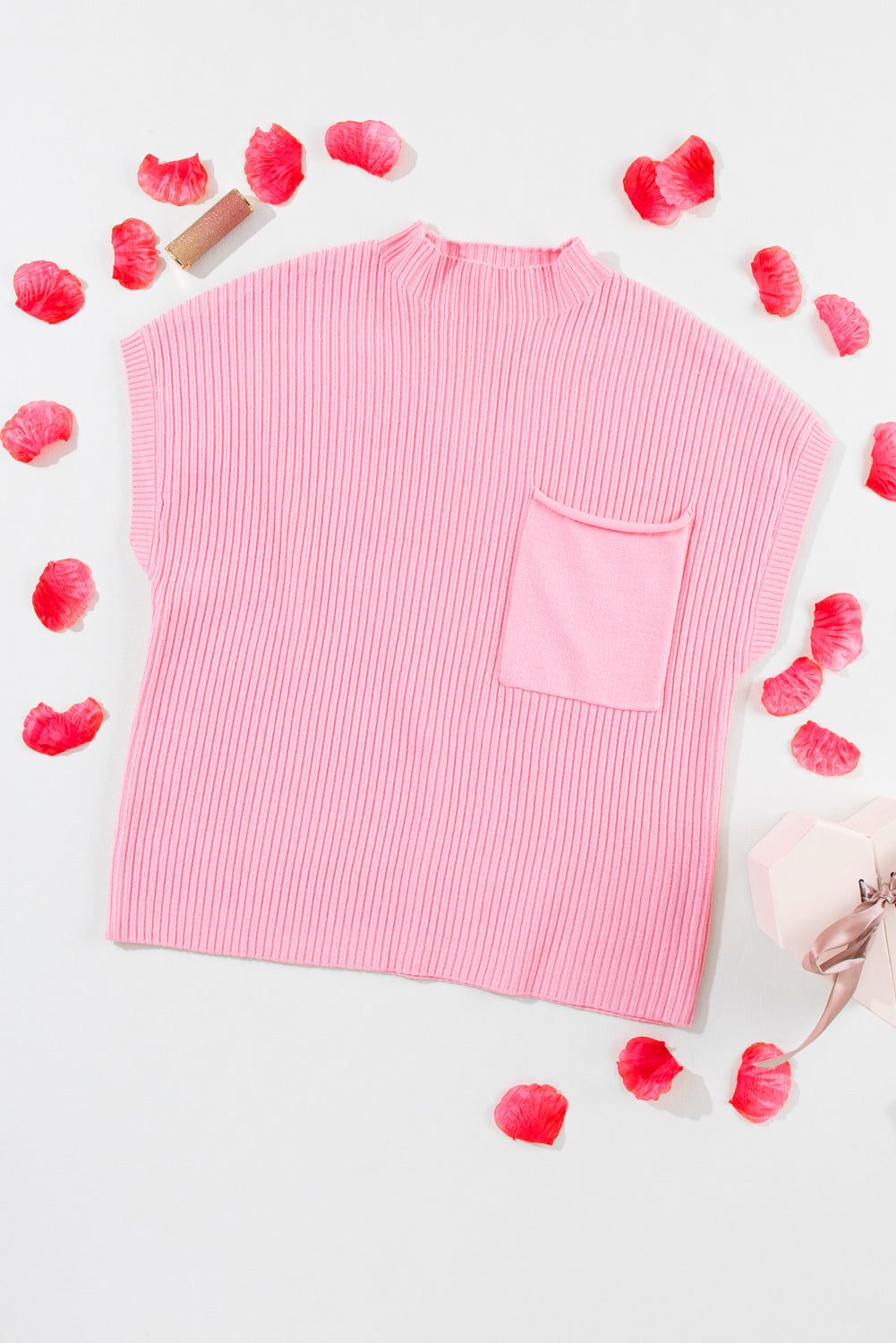 Patch Pocket Ribbed Short Sleeve Sweater
