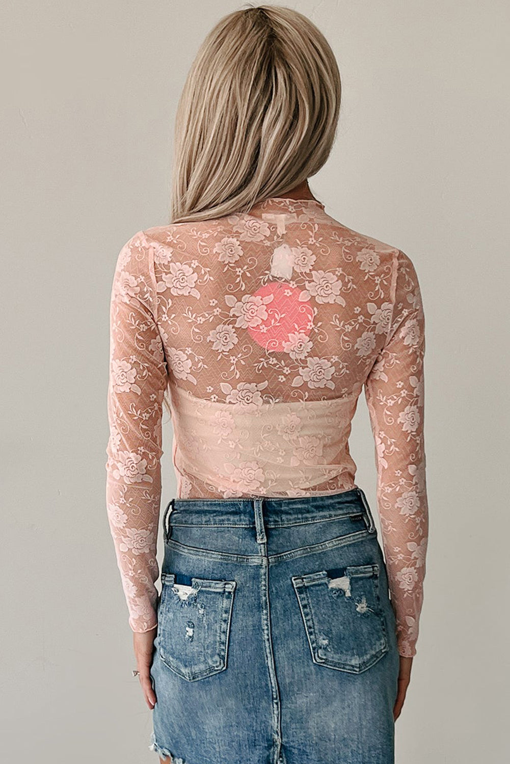 Mock Neck Floral Lace Mesh Long Sleeve Top