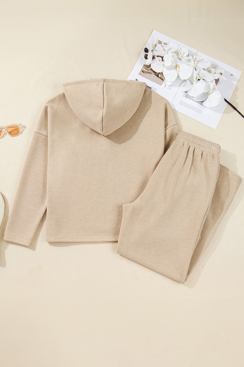 Parchment Drawstring Pullover Hoodie and High Waist Pants Corduroy Suit