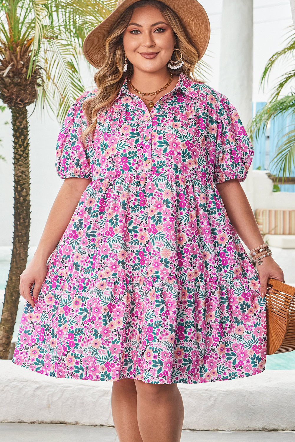 Aqua & Pink Plus Size Floral A-line Dress