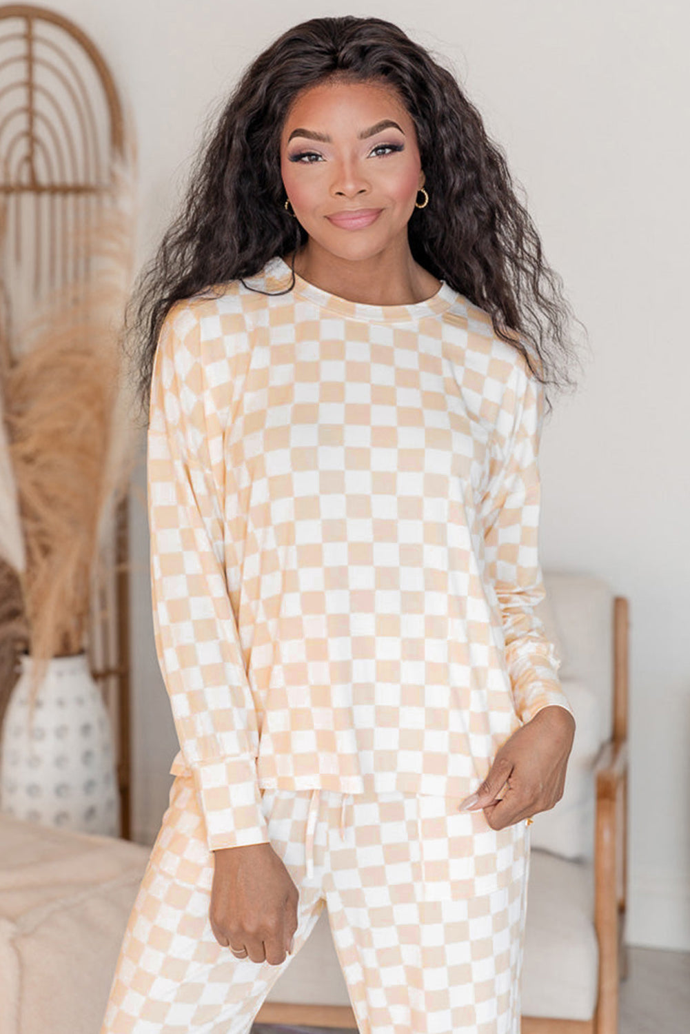 Checkered Print Long Sleeve Loose Fit Pajama Set