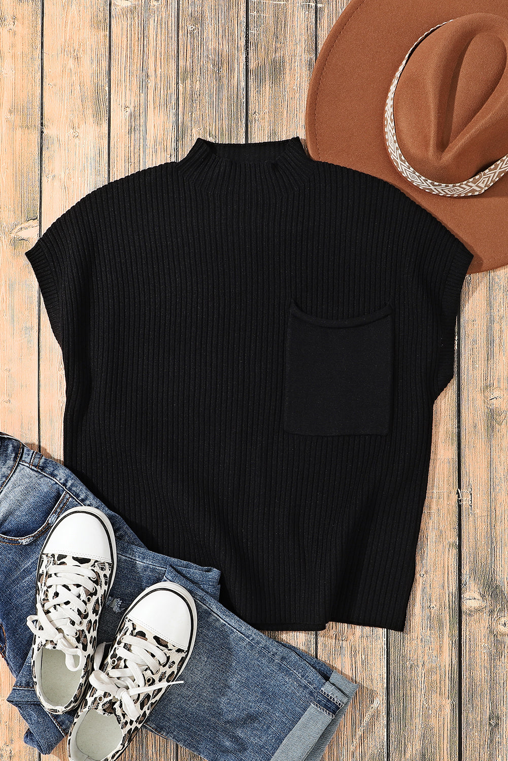 Patch Pocket Ribbed Short Sleeve Sweater