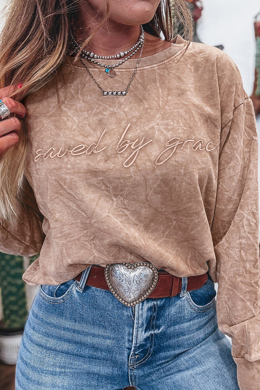 Saved By Grace Letter Embroidery Mineral Wash Loose Sweatshirt