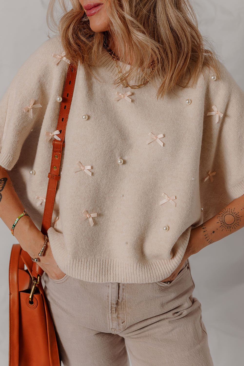 Oatmeal Pearl Embellished Dolman Sleeve Sweater