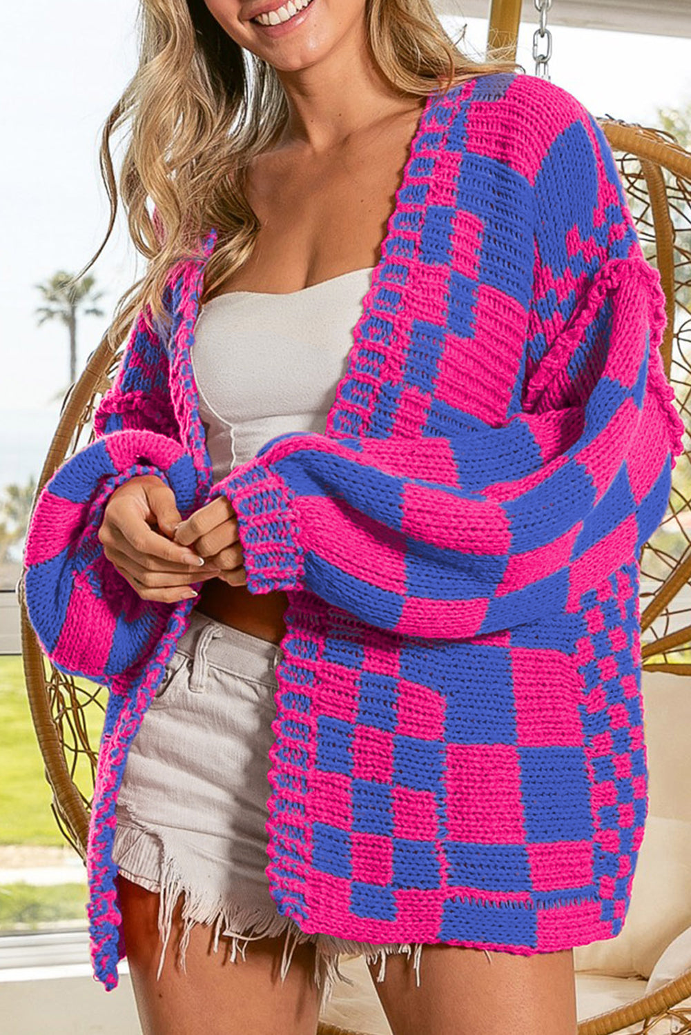 Colorblock Checked Loose Fit Open Front Knitted Cardigan