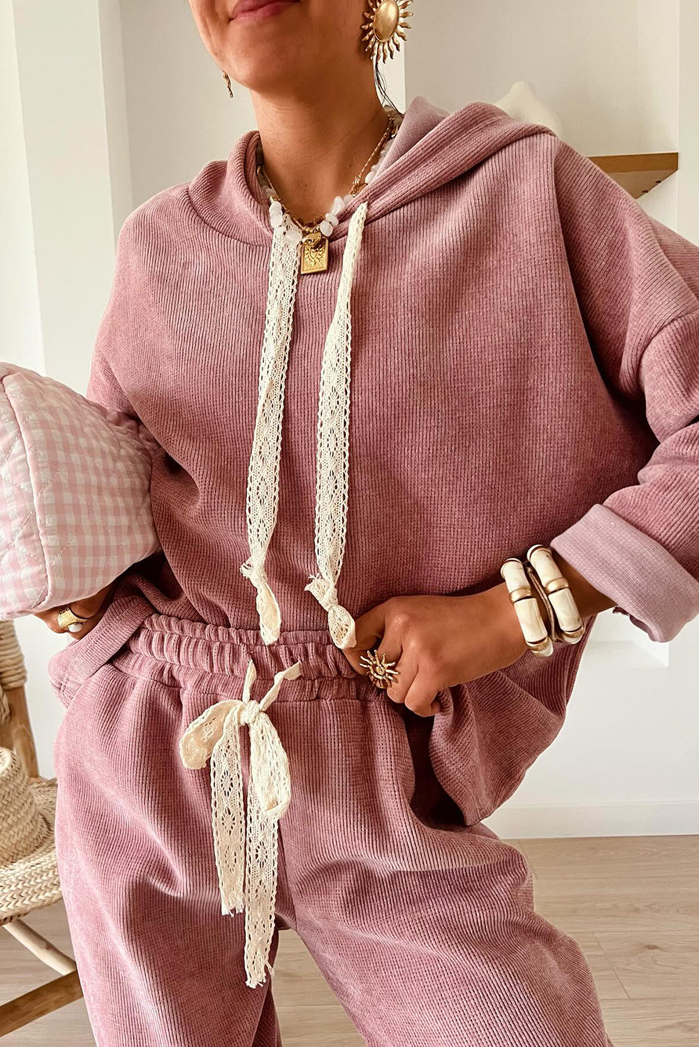 Parchment Drawstring Pullover Hoodie and High Waist Pants Corduroy Suit
