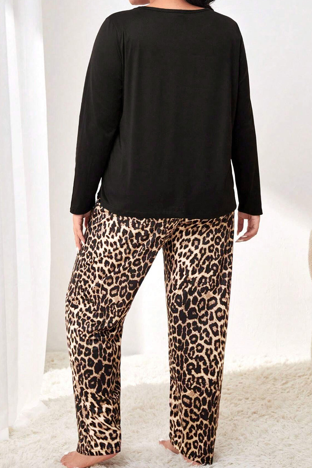 Black Leopard Long Sleeve Top Plus Size Pajama Set