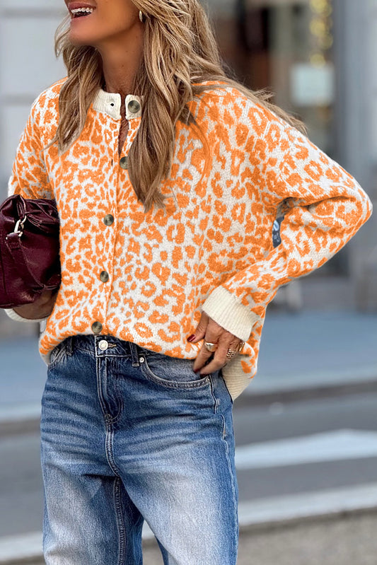Leopard Drop Shoulder Knitted Button Front Cardigan