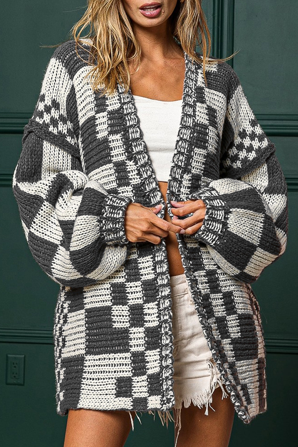 Colorblock Checked Loose Fit Open Front Knitted Cardigan
