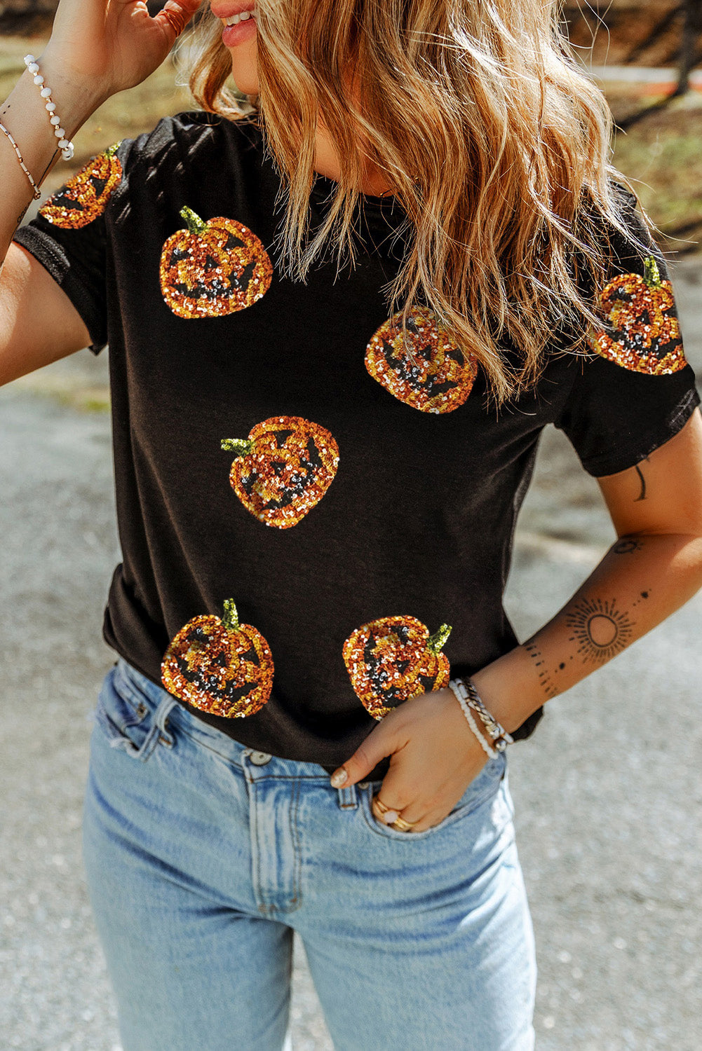 Black Halloween Sequin Pumpkin Face Graphic Tee