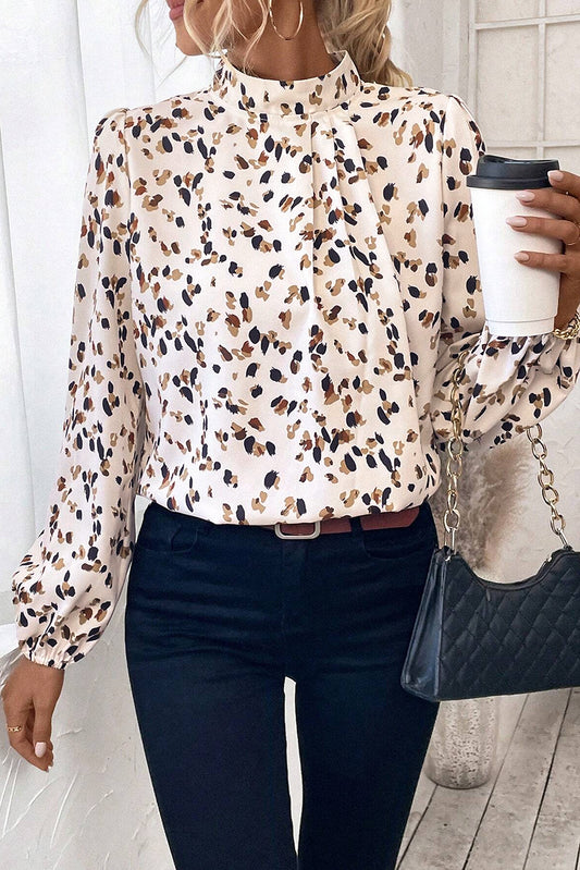 Leopard Print Puff Sleeve Pleated Blouse