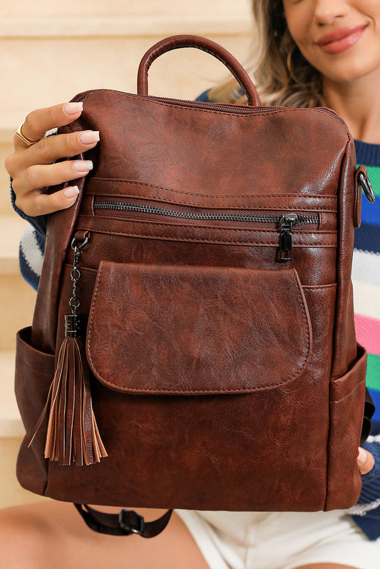 Dark Brown Tassel Decor Retro Backpack