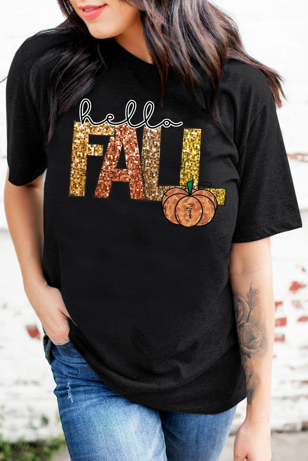 Hello Fall Letter Pumpkin Printed T Shirt