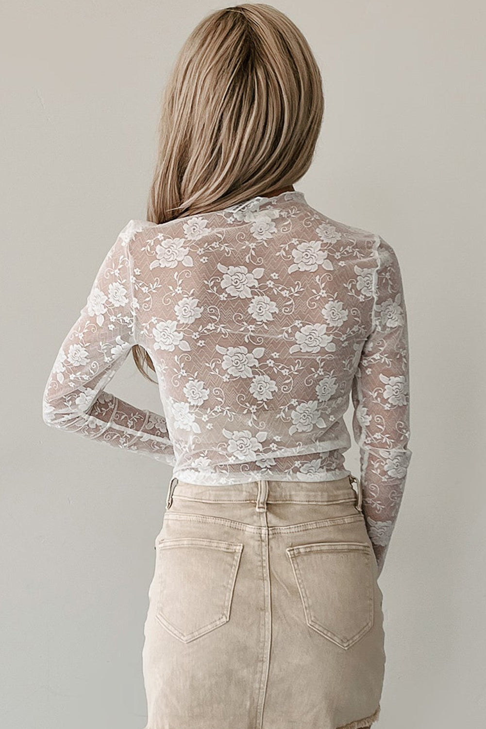 Mock Neck Floral Lace Mesh Long Sleeve Top