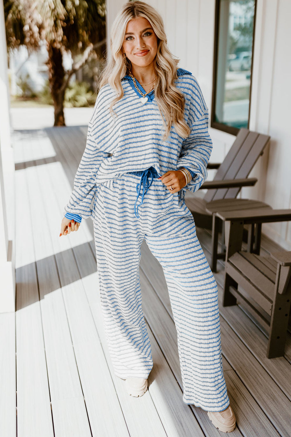 White Stripe Textured Collared Pullover Top and Drawstring Pants Set
