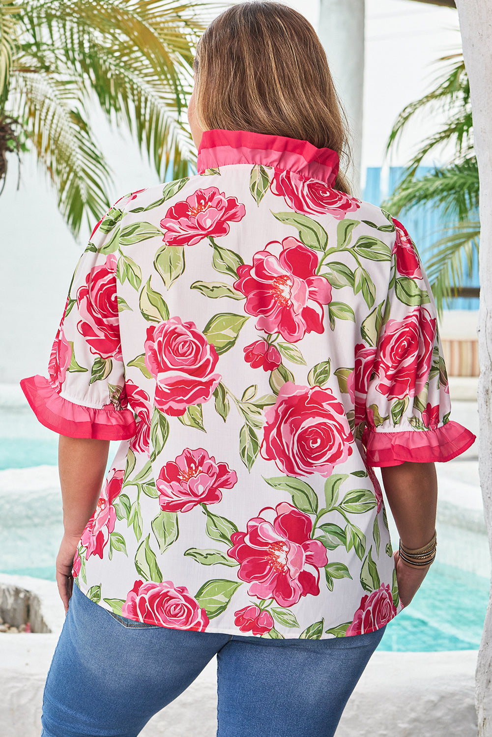 Rose  Floral Print Short Sleeve Blouse Plus Size