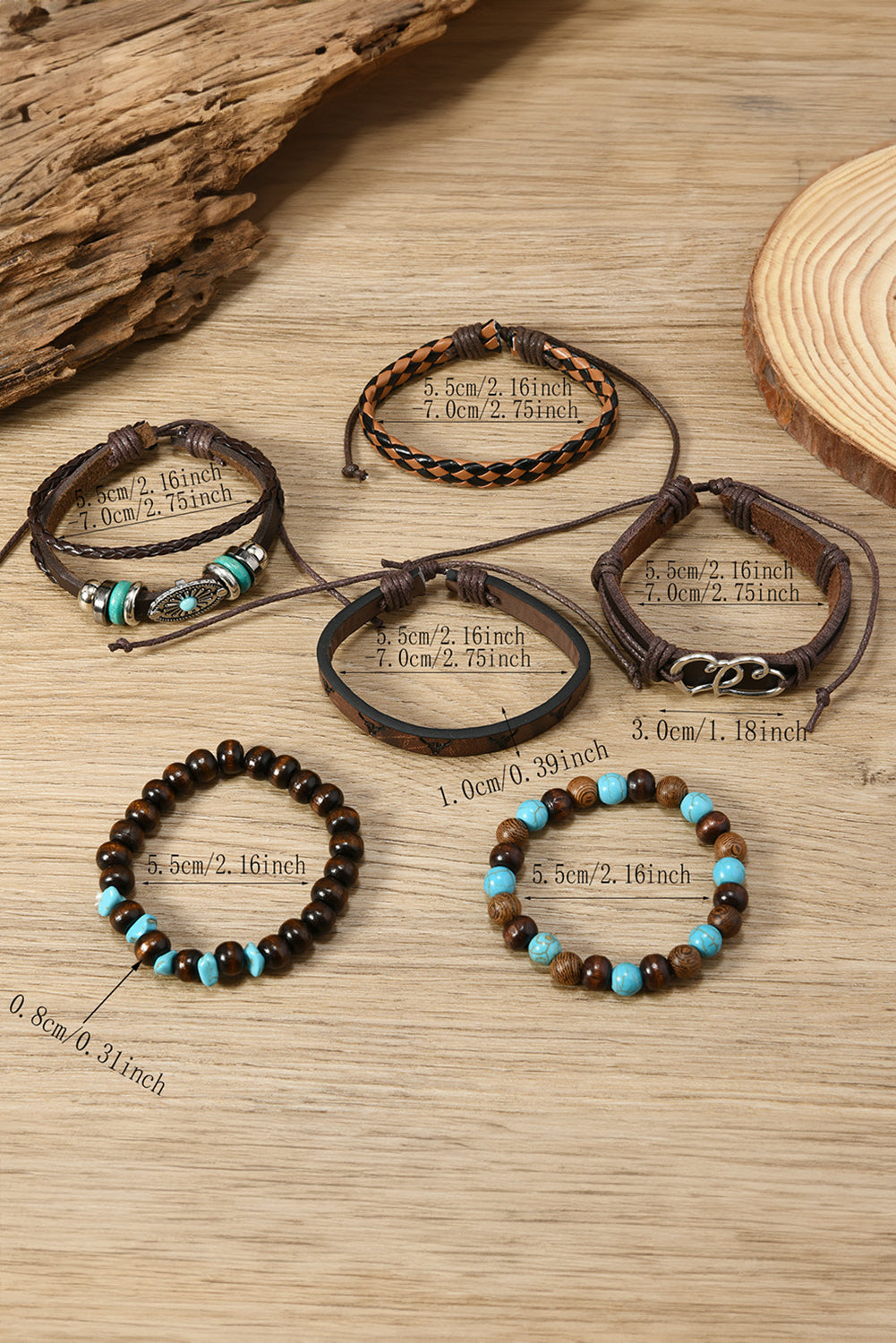 Cinnamon 6pcs Vintage Turquoise PU Faux Leather Bracelet Set