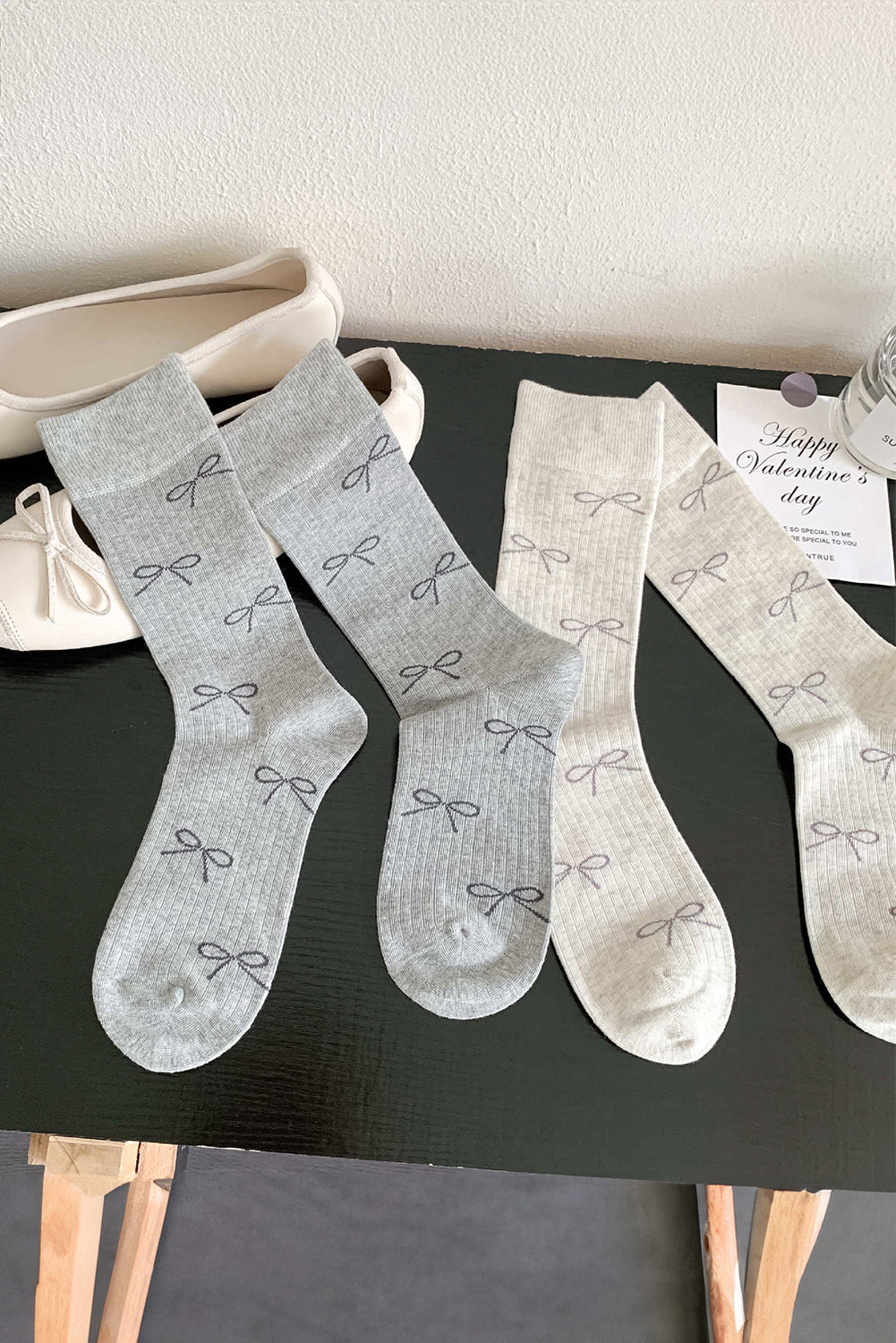 Black Bow Print Ribbed Crew Socks